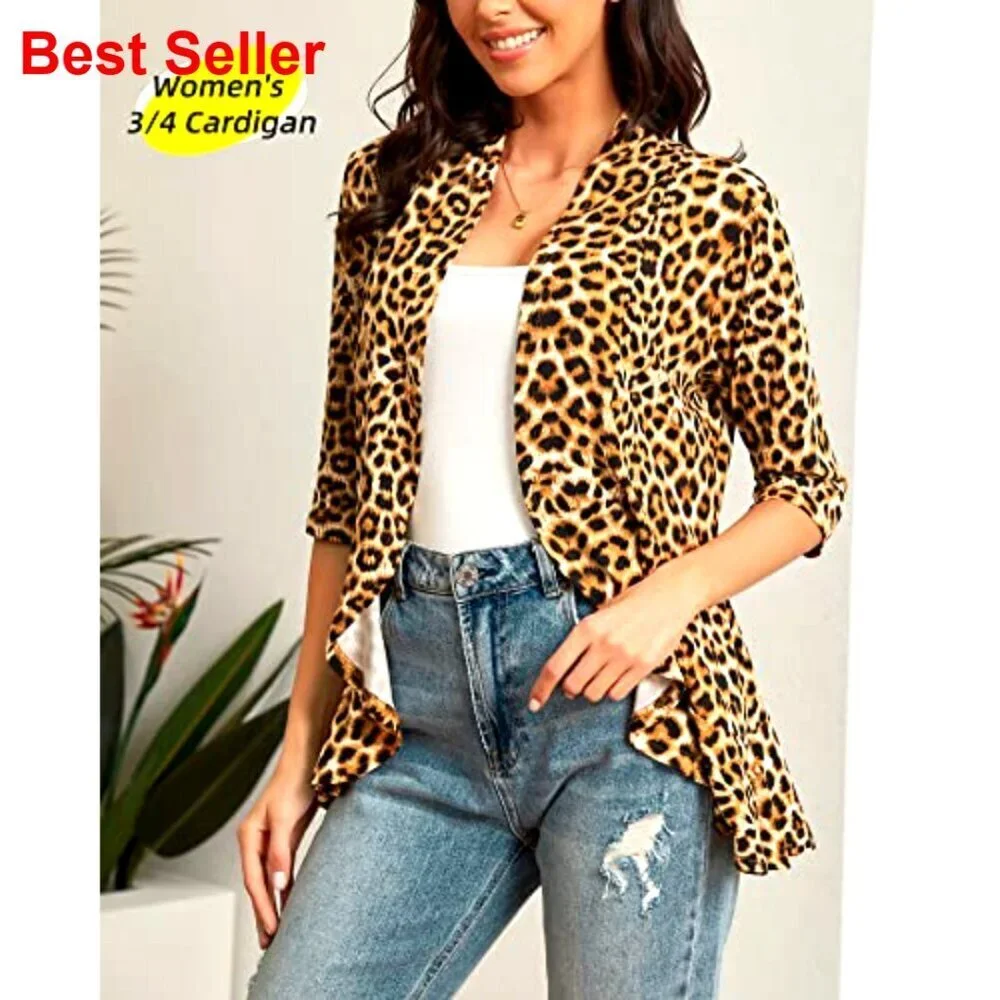 Women's 3/4 Sleeve Cardigan, Open Front, Shawl Collar, S-3XL